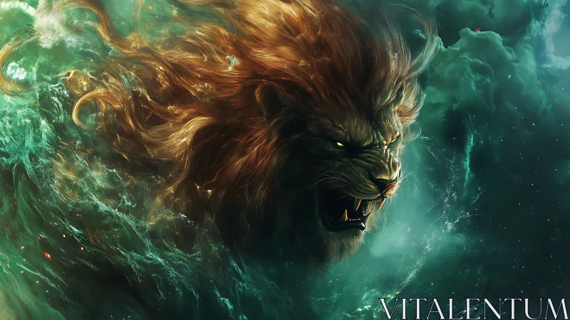 Celestial lion spirit emerges in swirling cosmic storm.