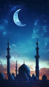 Crescent moon above detailed mosque silhouette under star-rich sky