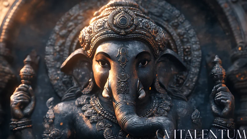 Gentle stone deity in glowing dusk light, rich with detail.