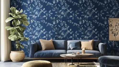 Contemporary living room with blue leaf-pattern feature wall.