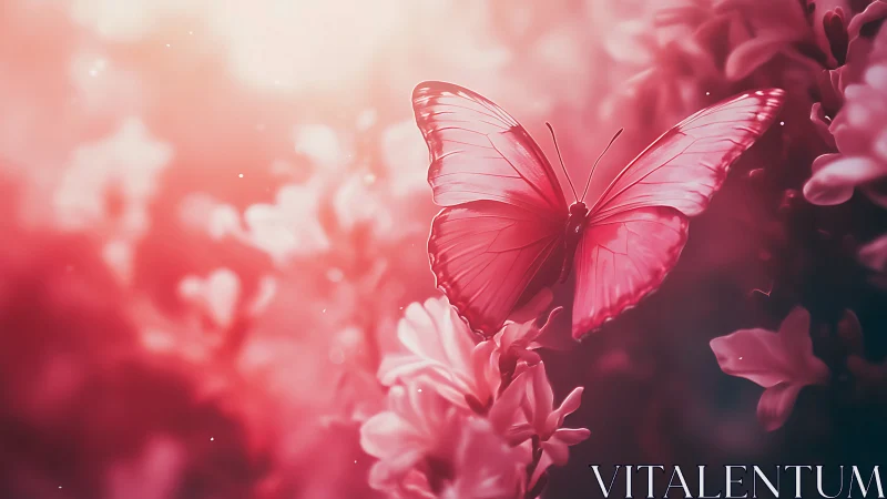 Crimson butterfly hovering over soft-focus blossom field.