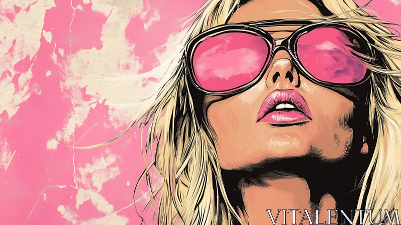 Stylized close-up of woman in pink reflective sunglasses.