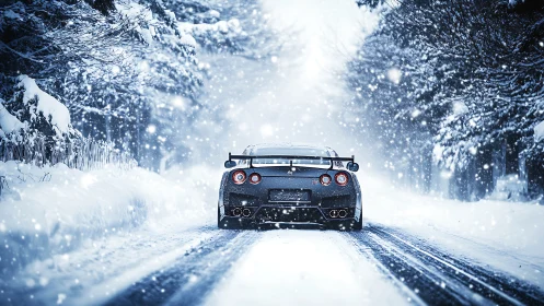 Sports coupe on snow covered road in dense winter snowfall.