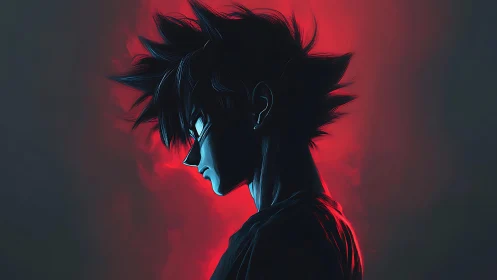 Brooding anime hero in red backlight stands in silence.