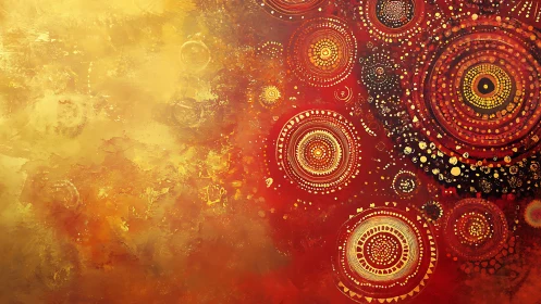 Radial mandala orbits on molten gold and crimson ground.