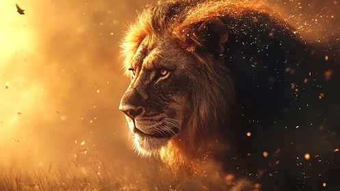 Majestic lion portrait glows within embers and golden haze
