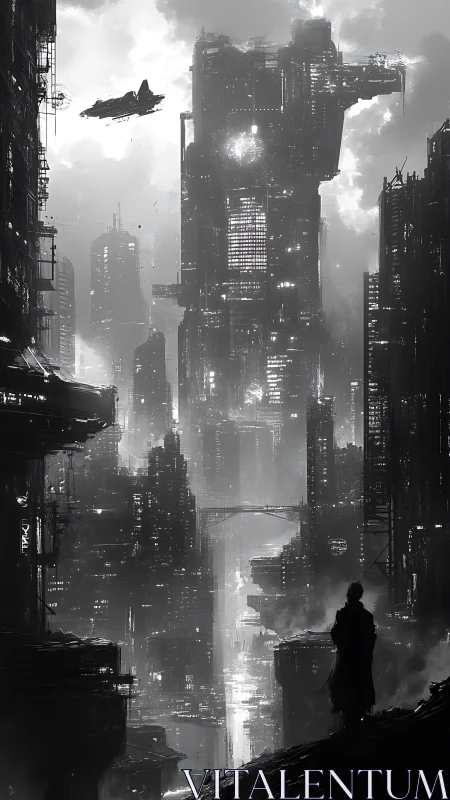 Solitary figure surveys monolithic cyberpunk megacity at dusk.