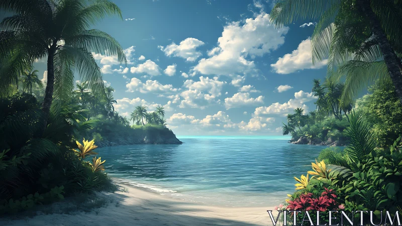 Tropical Lagoon Sanctuary Framed by Verdant Palms.