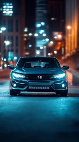 Photorealistic night portrait of Honda sedan, frontal view.