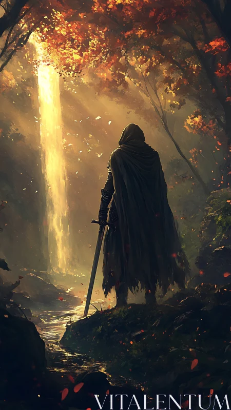 Cloaked swordsman stands before bright forest waterfall