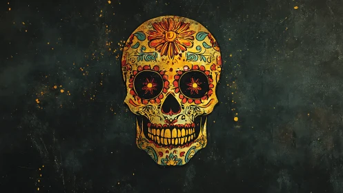Colorful sugar skull artwork on dark textured background.