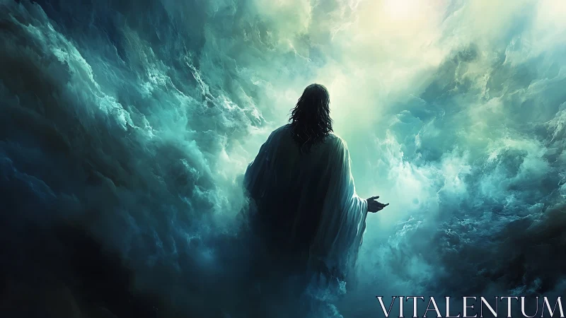 Luminous robed wanderer rising through churning heavens.