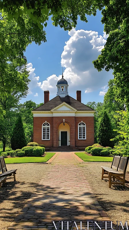 Photorealistic colonial courthouse framed by formal garden symmetry.