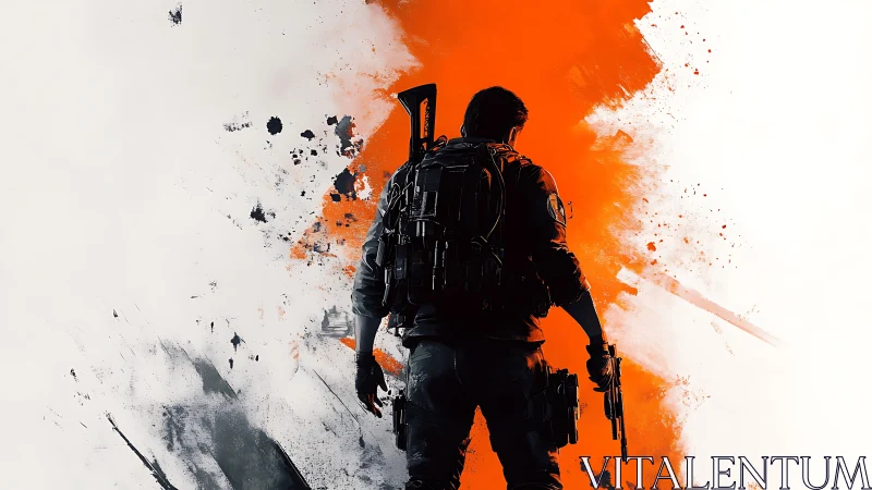 Lone action hero strides forward in bold explosive color