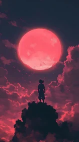 Lone silhouette beneath colossal neon crimson moonlit sky.