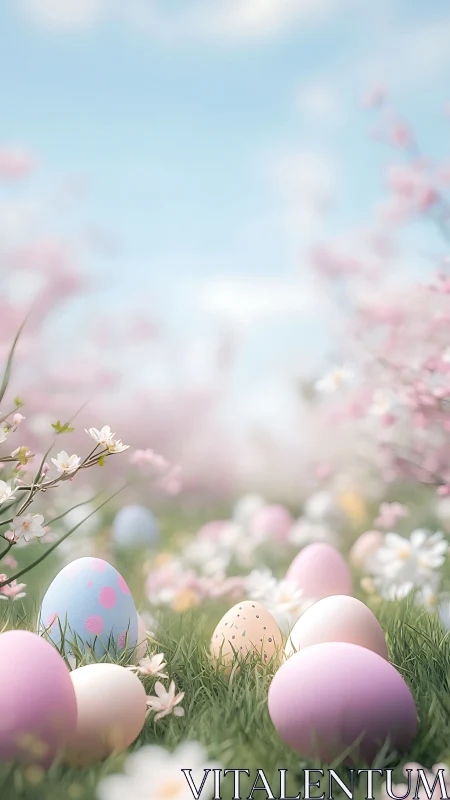 Pastel Easter eggs scattered in soft spring meadow light.