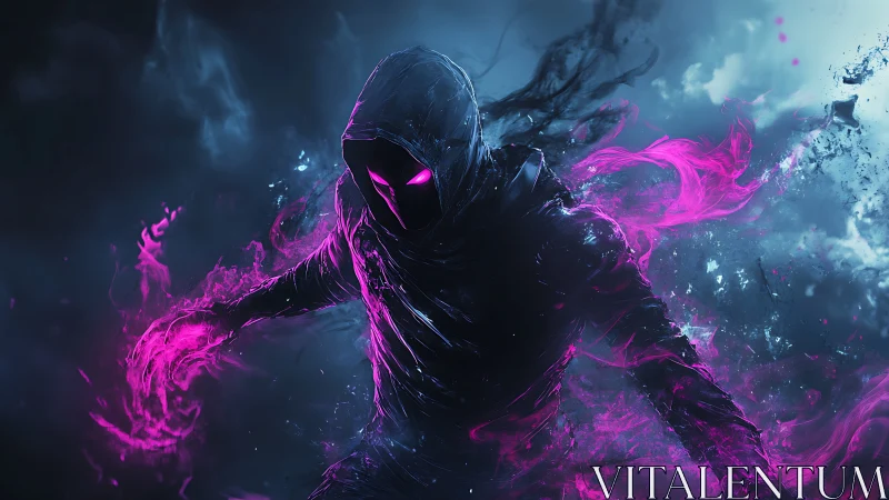 Hooded void mage wielding vivid neon violet flames.