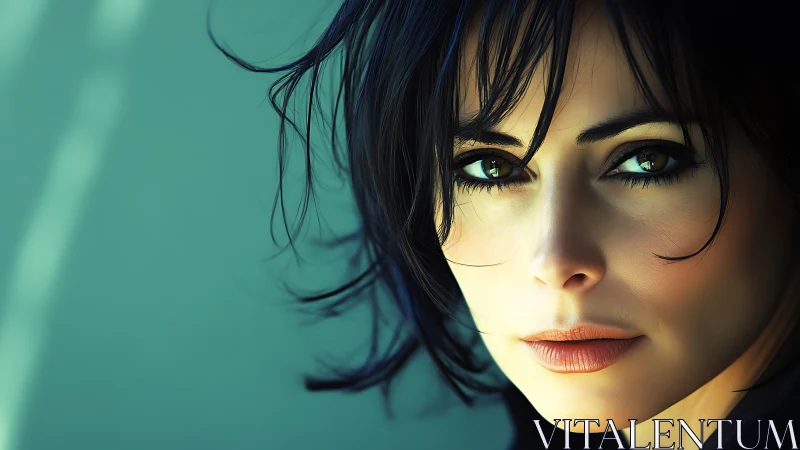 Intense teal portrait highlights vivid green eyes, soft light.