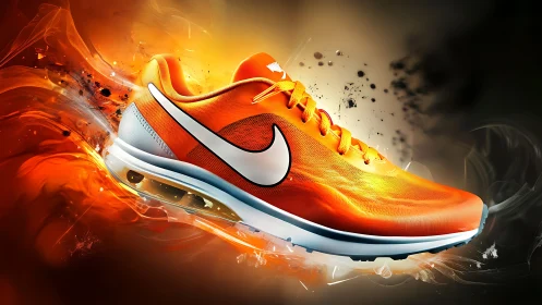Dynamic orange running shoe with fluid abstract backdrop.