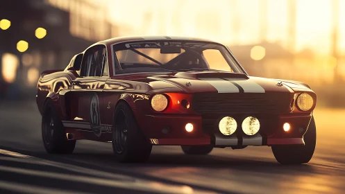 Track-prepped classic fastback racing at dusk with warm bokeh lighting
