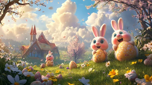 Cartoon rabbits with patterned eggs in spring meadow setting.