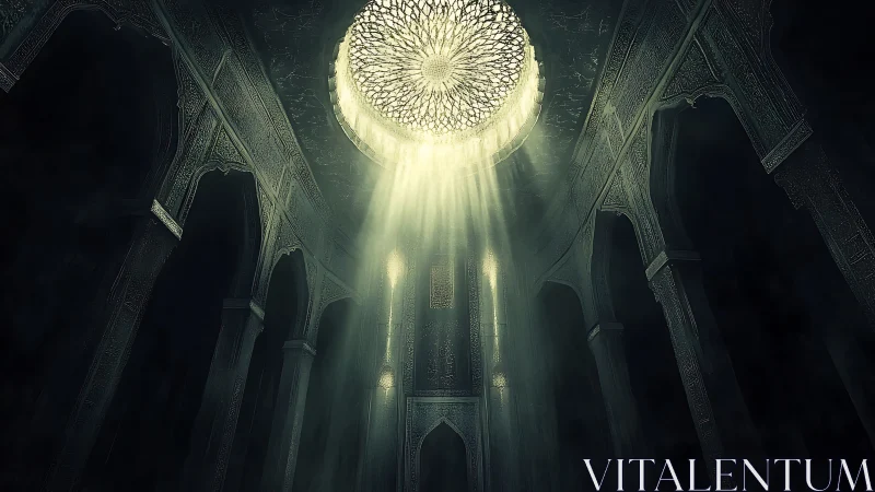 Light pierces domed skylight into vast ornate hall