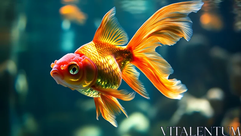 Vibrant goldfish with flowing fins in blue aquarium water.