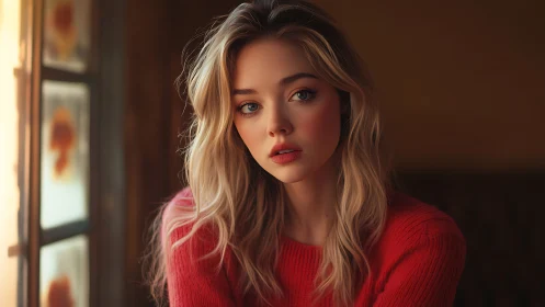 Soft window light on pensive woman in vivid red sweater.