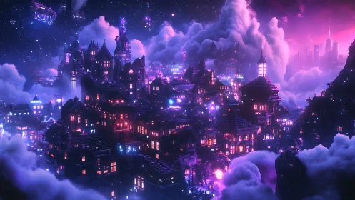 Neon cloudborne metropolis hums softly under a cosmic night
