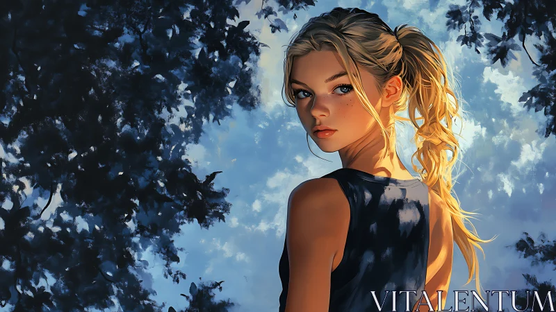 Young woman in sunlit foliage with blue sky background.