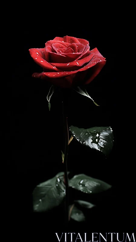 A Single Red Rose with Morning Dew.