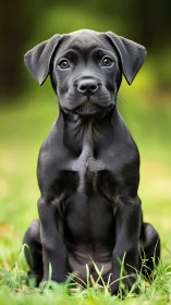 Black puppy sits alert on grass with soft green bokeh background.