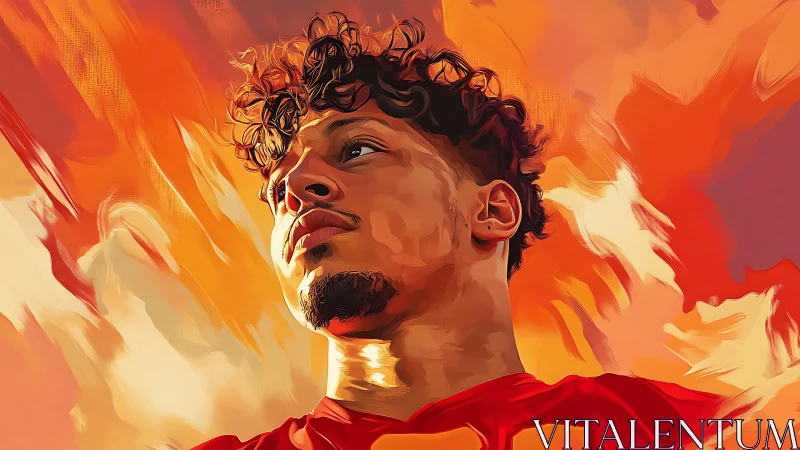 Heroic low-angle portrait in dynamic orange digital painting