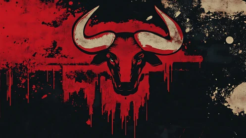 Red bull skull graffiti on dark grunge background wall.