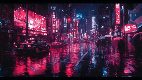 Neon-saturated rainy avenue with taxis and umbrellas at dusk.