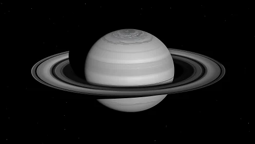 Saturn in monochrome with rings and polar hexagon storm detail