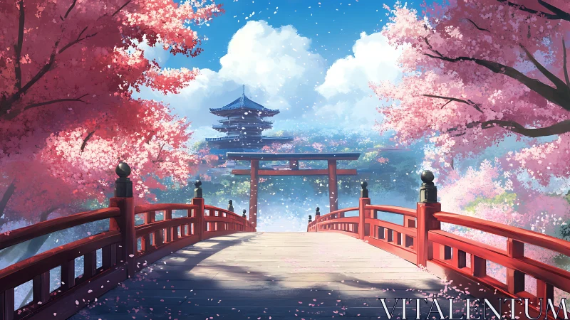 Cherry blossom bridge leading toward distant pagoda temple.