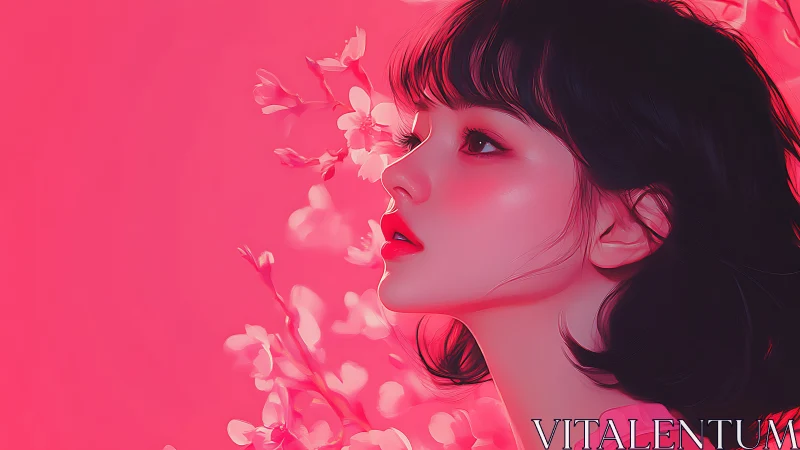 Soft neon portrait of girl gazing through bright cherry petals