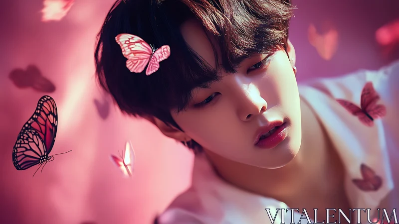 Soft daydream with pink butterflies and gentle starlit eyes.