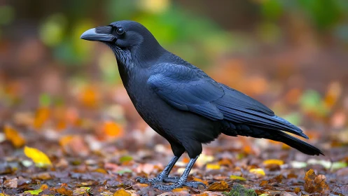 Majestic raven standing on autumn leaves in vibrant nature scene.