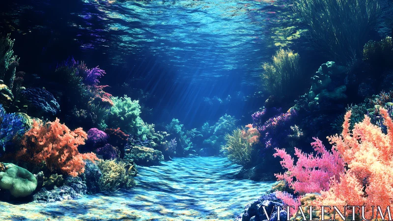 Vibrant 3D coral reef under clear tropical seawater light.