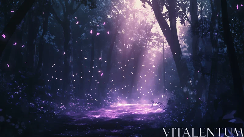 Luminescent forest pathway with ethereal particle effects.