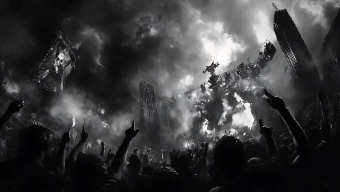 Monochrome crowd erupts beneath apocalyptic concert lights.