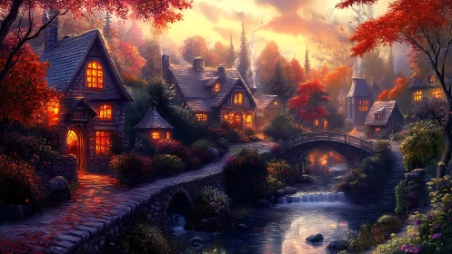 Glowing river cottages bask in a tranquil autumn twilight glow