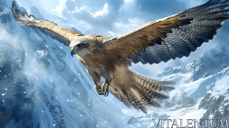 Majestic eagle soaring over snowy mountains in realistic digital art.