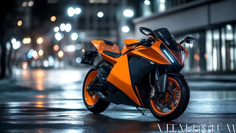 Electric orange superbike glowing under rainy city lights.