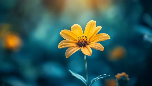Golden Daisy Blooming Against Teal Bokeh Background.