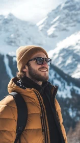 Man in winter clothing standing before snowy mountain slopes.