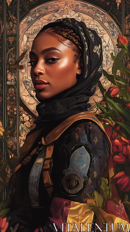 Radiant guardian stands tall amid florals and ornate gold