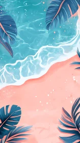 Digital beach abstraction with teal surf and coral shore.